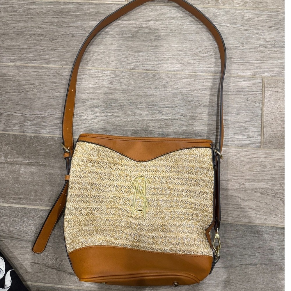 Steve Madden Crossbody Bag Womens Medium Tan Woven‎ Straw Boho Summer Satchel